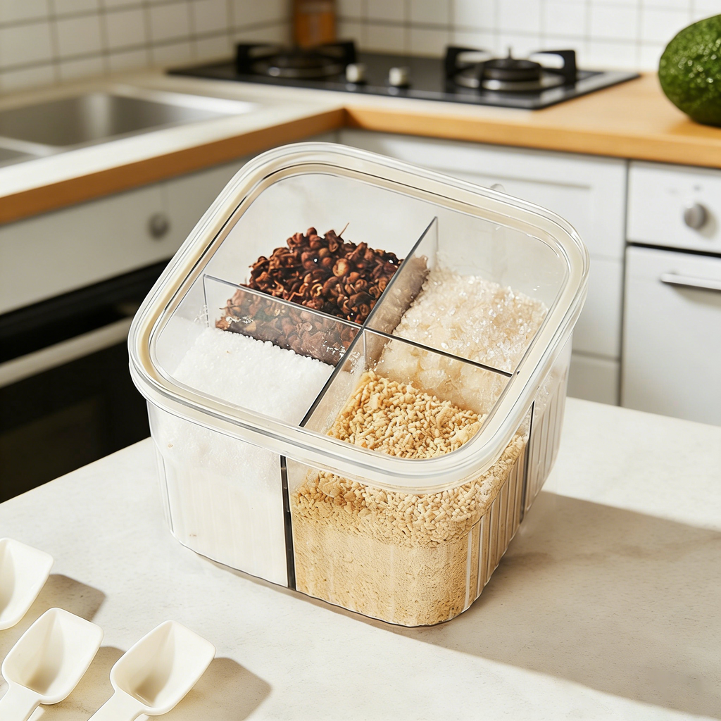 Press-Top 4-Compartment Spice Box｜Airtight & Moisture-Proof with Spoon