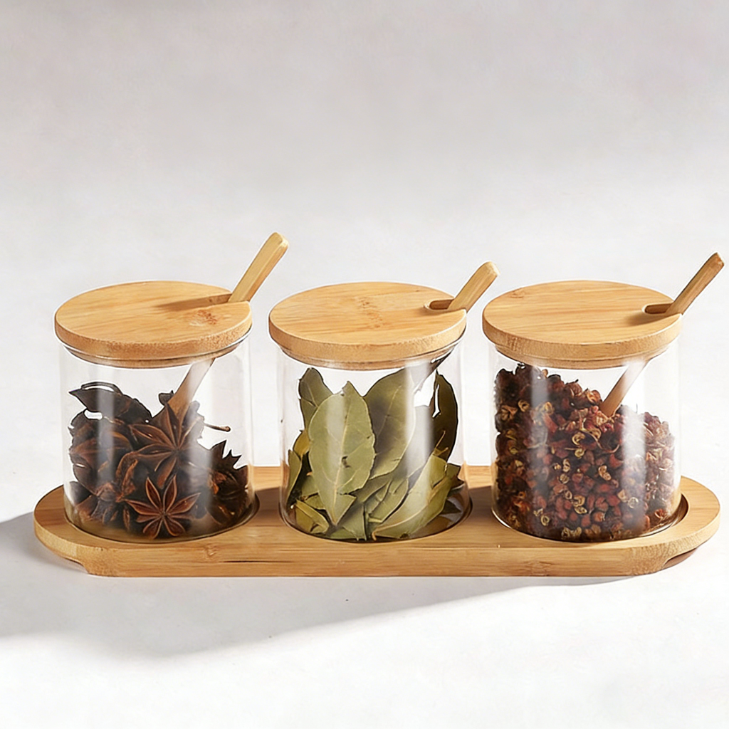 Bamboo Lid Glass Spice Jar Set | Moisture-Proof Seasoning Containers