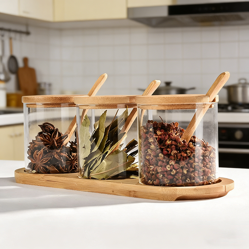 Bamboo Lid Glass Spice Jar Set | Moisture-Proof Seasoning Containers